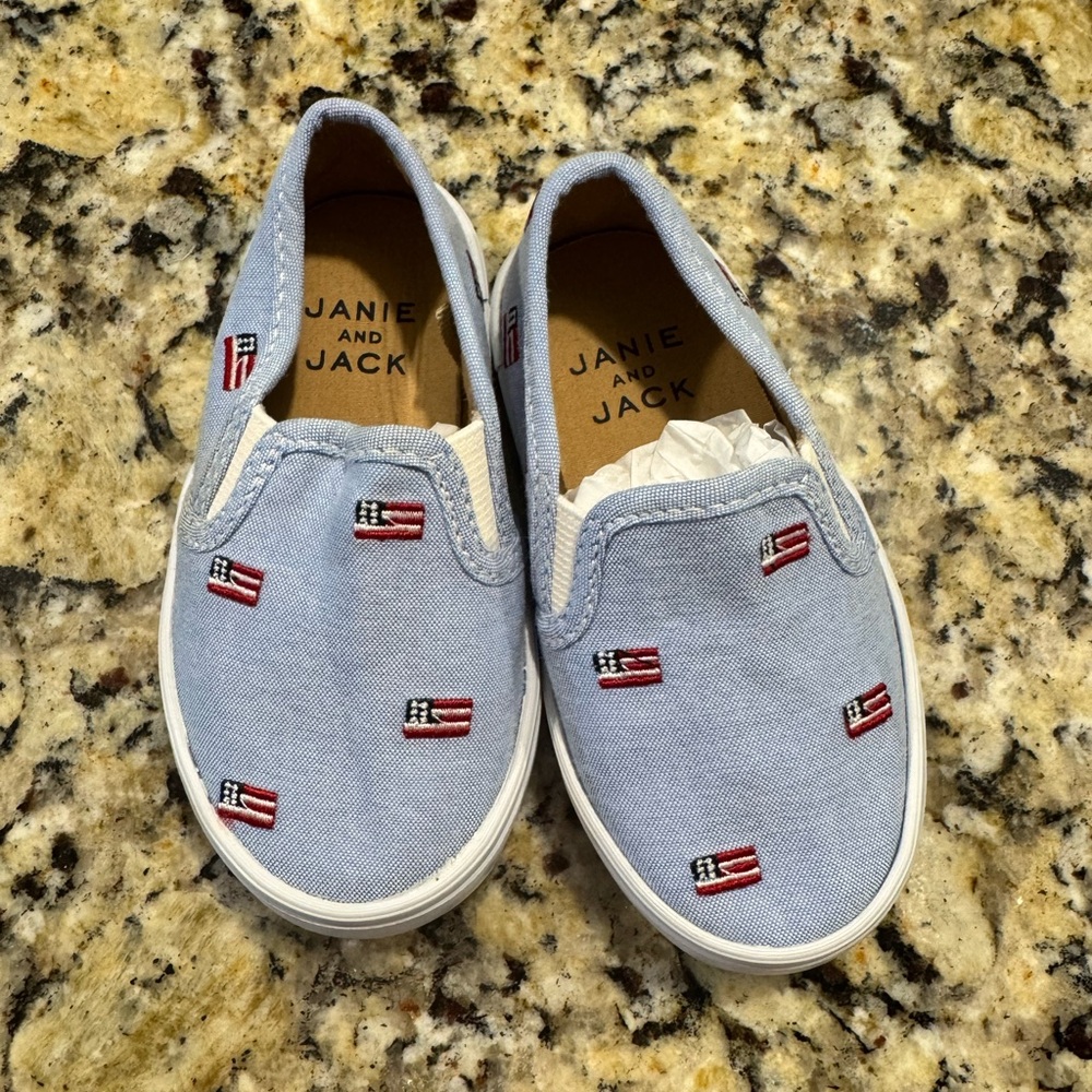 Janie and Jack Light Blue Kids Sneakers with Flag Embroidery